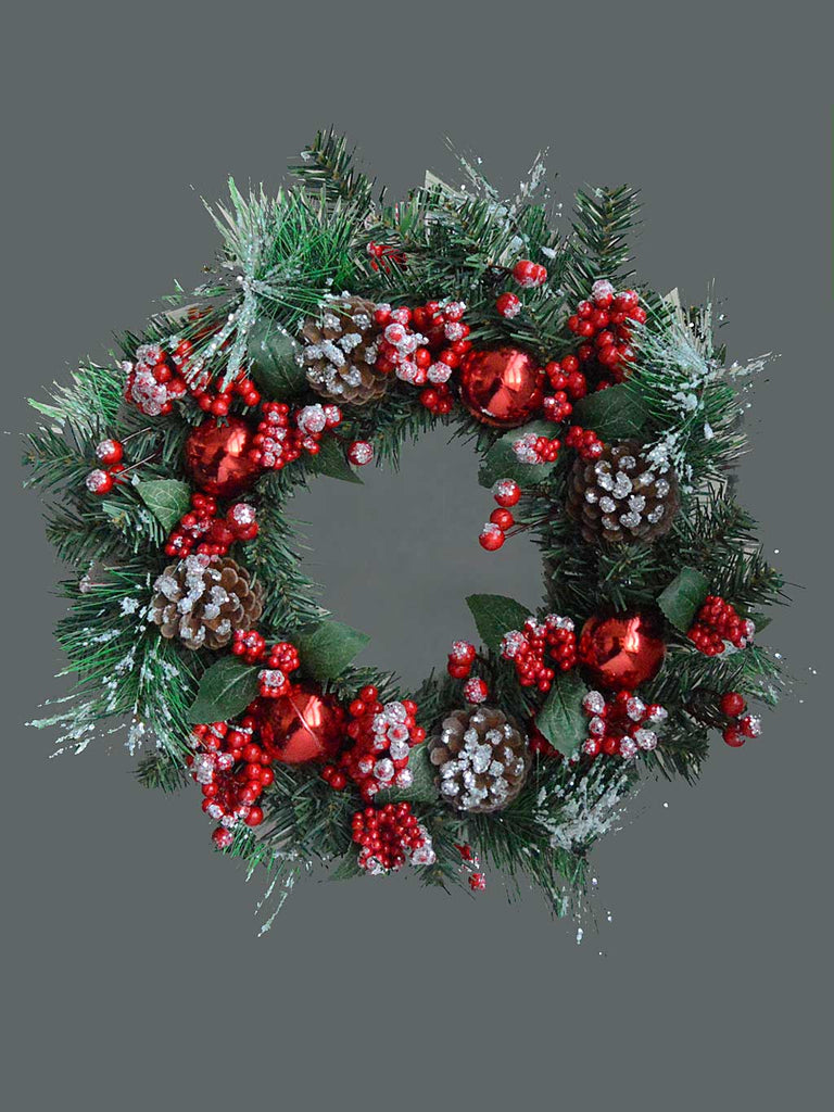 18" (46cm) Frosted Cone Berry & Bauble Wreath