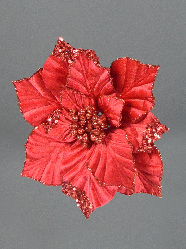 22cm Clip Velvet Poinsettia - Red