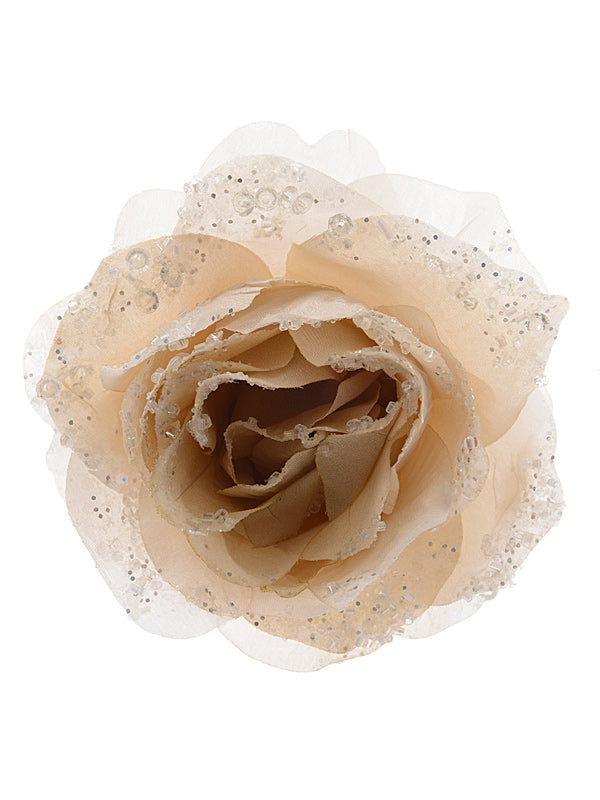 14cm Rose On Clip with Glitter - Cream