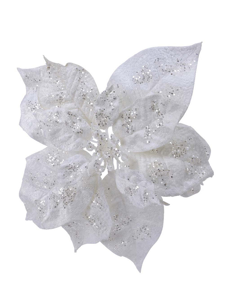 26cm Poinsettia On Clip with Glitter - White