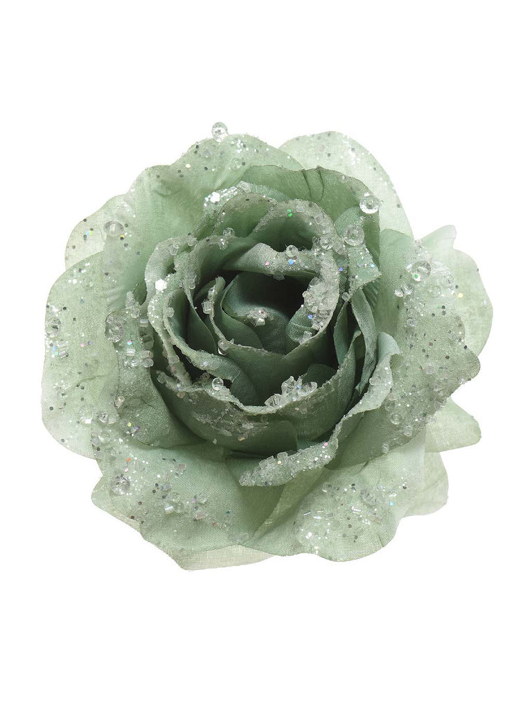 14cm Rose On Clip with Glitter - Green