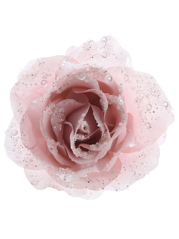 14cm Rose In pink On Clip With Glitter
