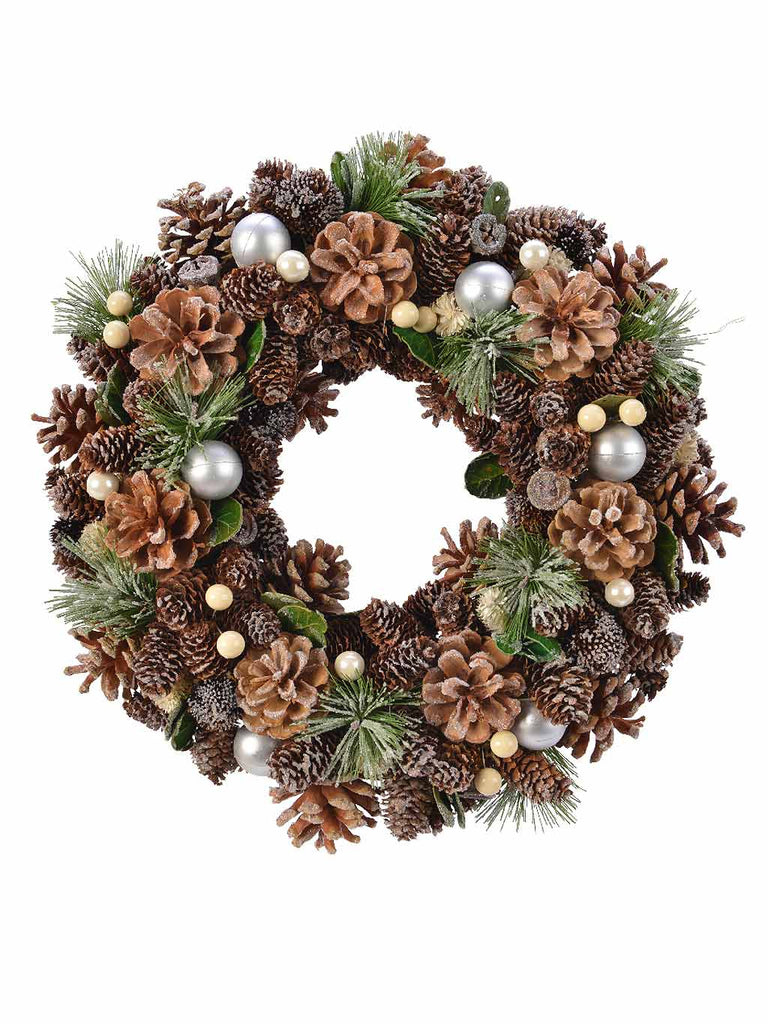 35cm Wreath with pinecones, baubles, berries, pine green & pearls