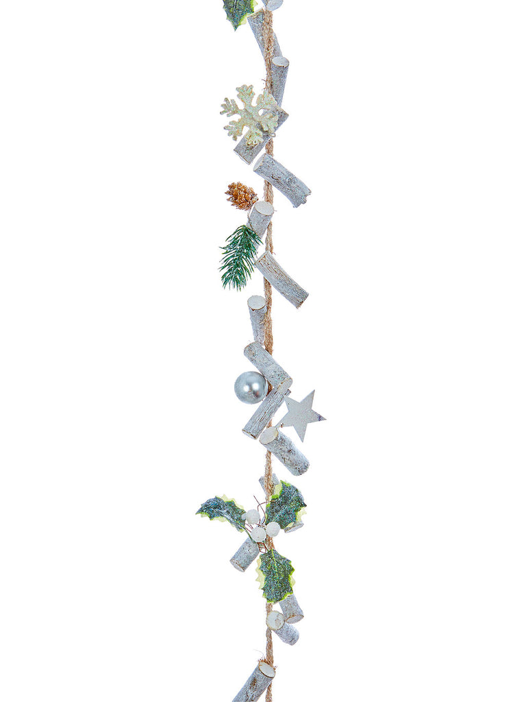 1.5M Natural Twig Garland with Green/White Decorations