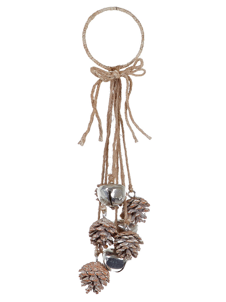 43cm Pine Cone and Silver Bell Hanger with Jute Bow