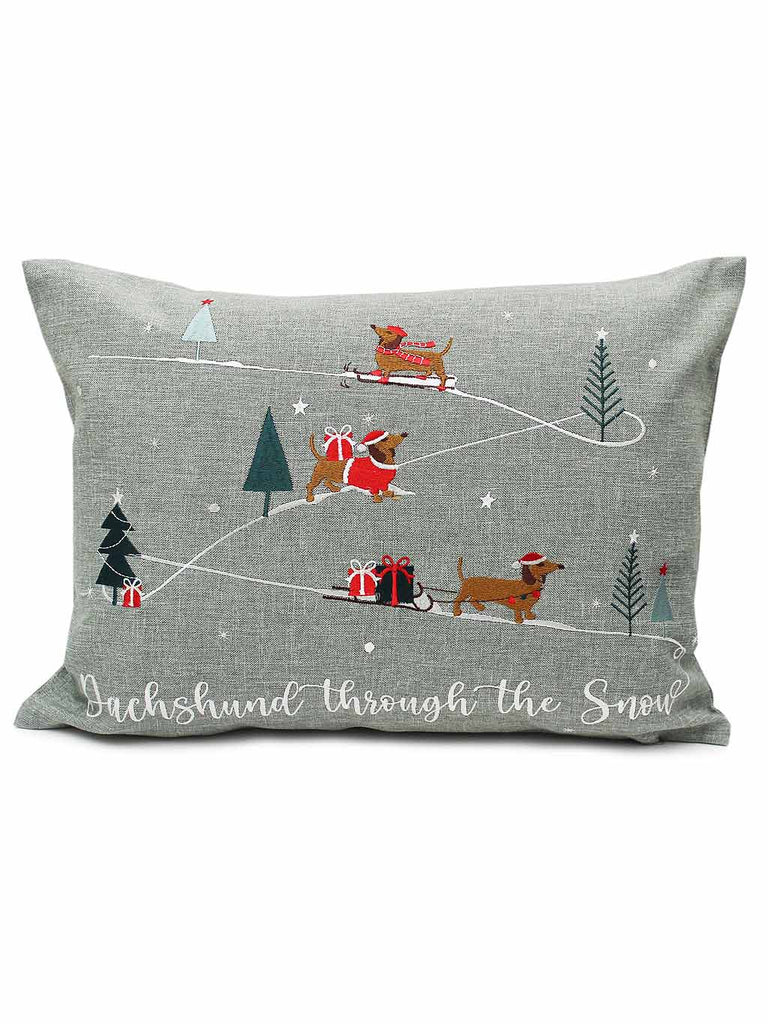 Daschund Through The Snow Christmas Cushion - Grey/Multi