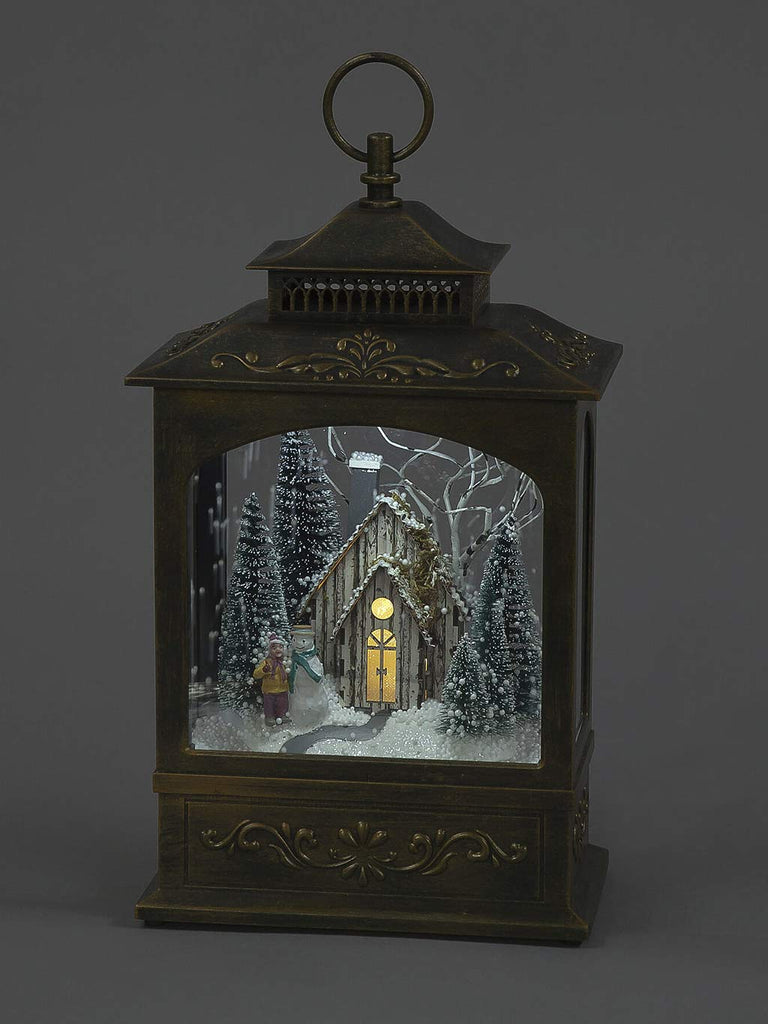 43cm Snowing Lantern Black Brushed Gold with Winter Scene