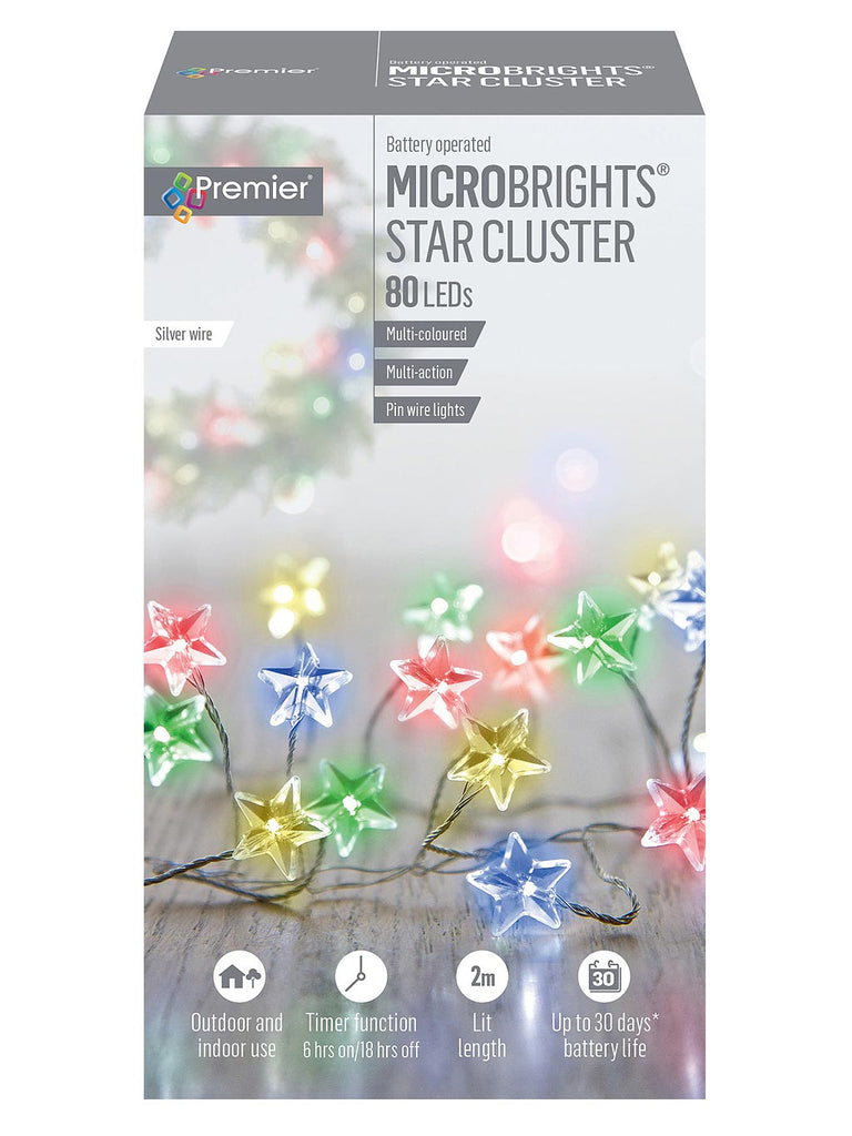 80 Battery Operated Multi-Action Microbrights STAR Cluster with Timer - Multi Leds