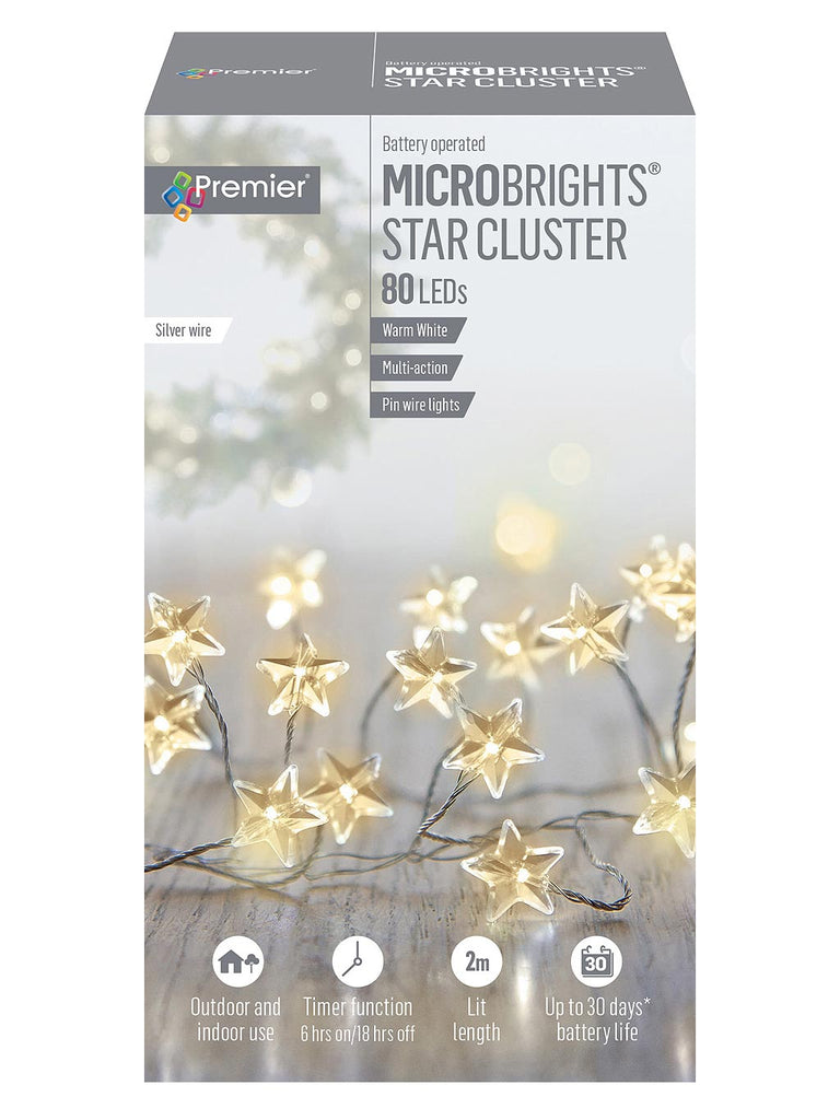 80 Battery Operated Multi-Action Microbrights STAR Cluster with Timer - Warm White Leds