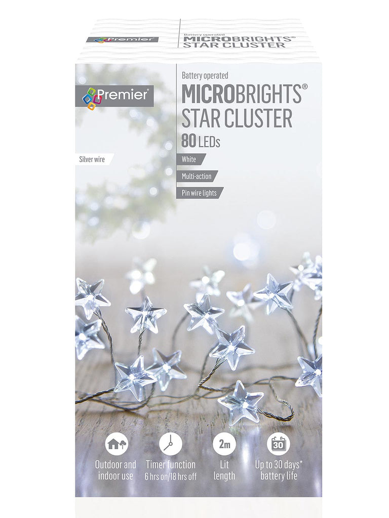 80 Battery Operated Multi-Action Microbrights STAR Cluster with Timer - White Leds