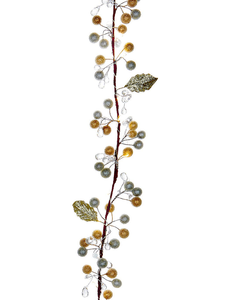 1.8m Lit Garland with Berries, Leaves and Clear Gems - Gold & Silver