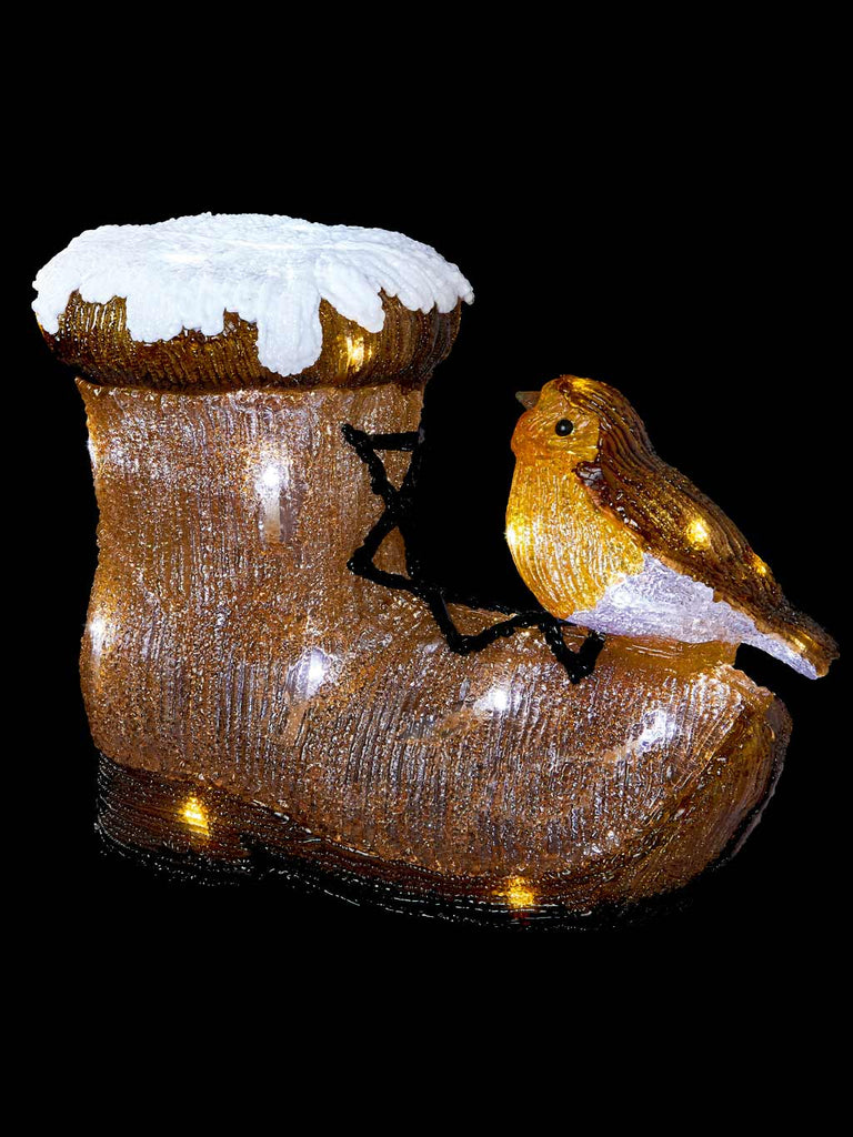 31cm Acylic Boot with Robin & 30 White LEDs - Timer
