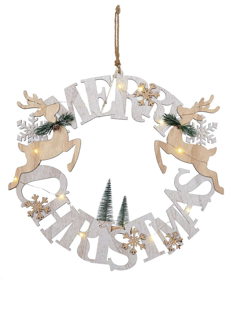 46cm B/O Wooden Merry Xmas Wreath with Reindeers