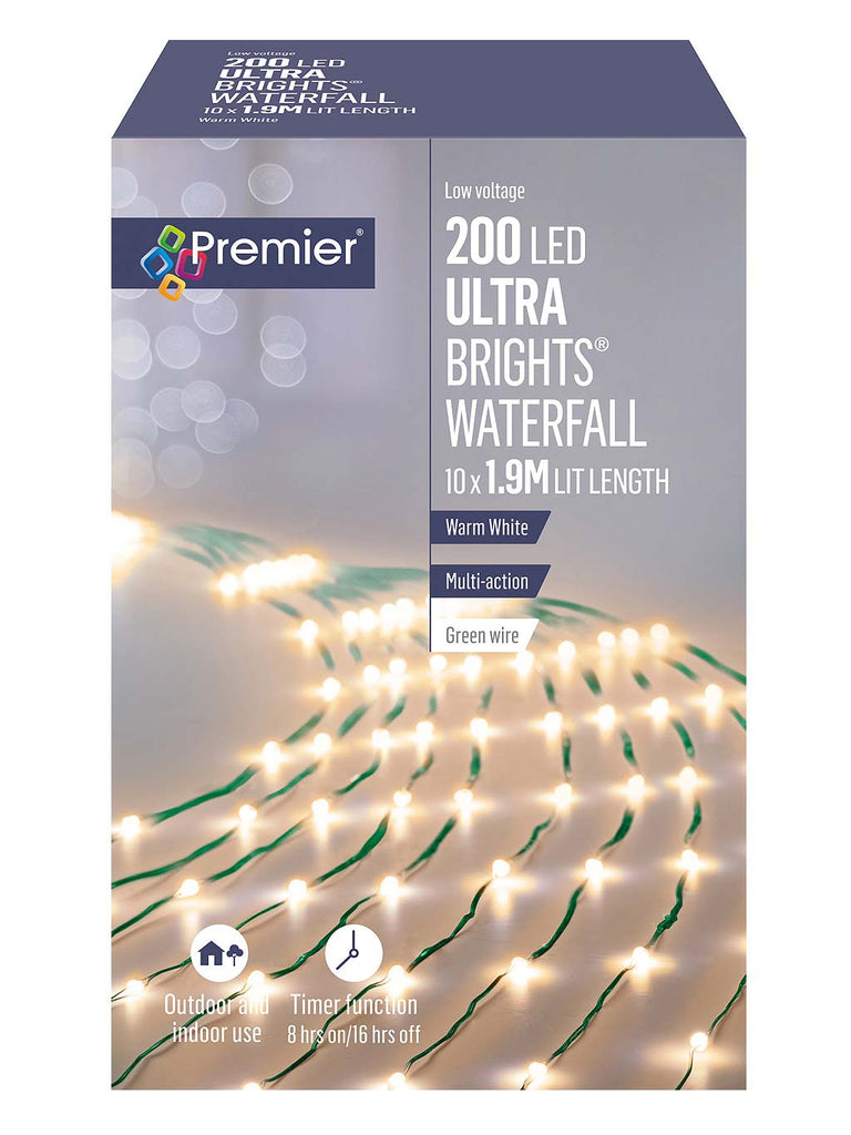 1.9m 200L UltraBright Waterfall Warm White LEDs - Green Wire