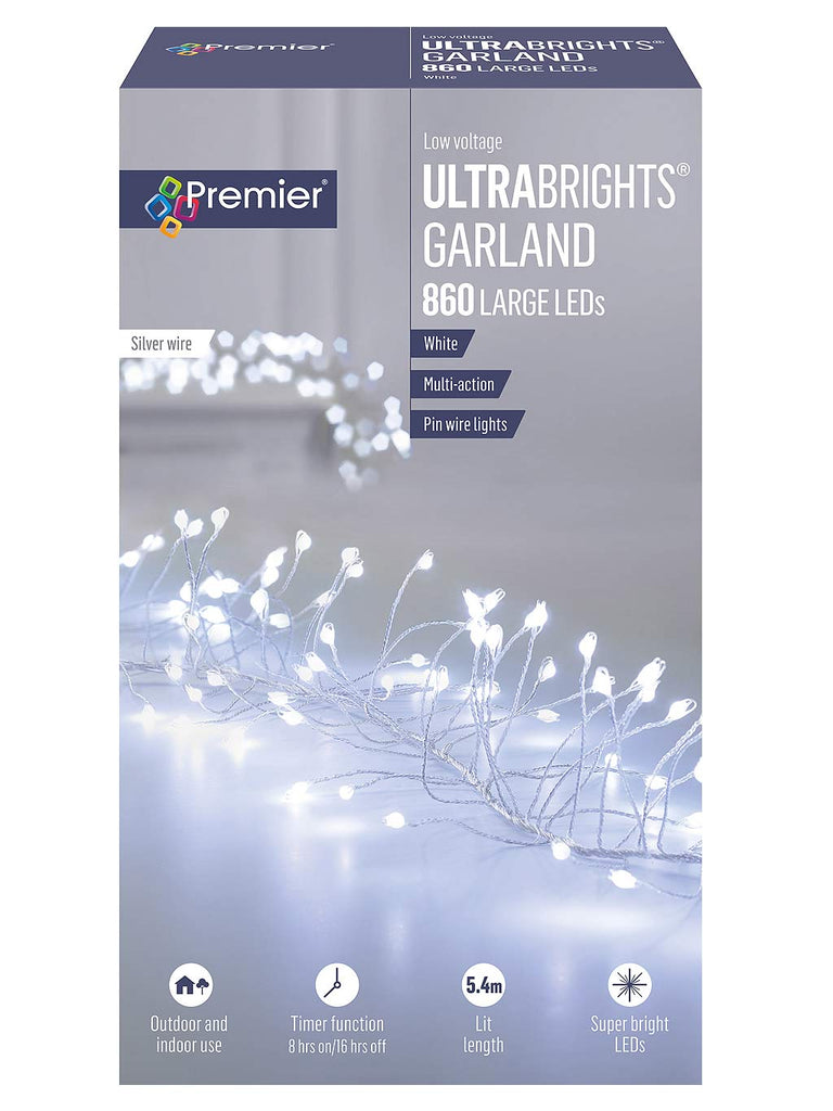 860L UltraBright Garland Silver Wire - White LEDs