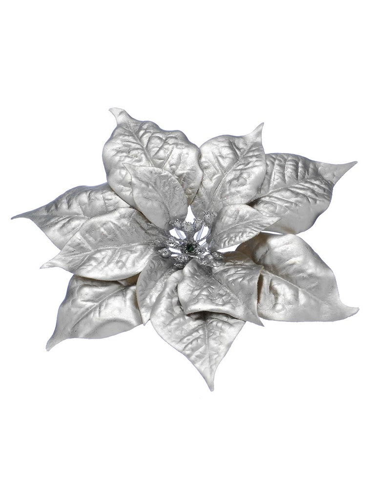 28cm Silver Leather Look Poinsettia Pick