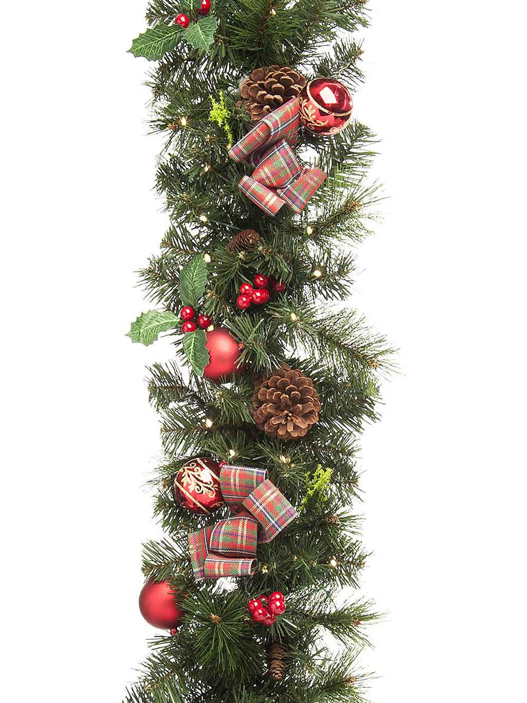 270cm (9ft) Battery Operated Lit Tartan Holly Garland - 100 Warm White LEDs