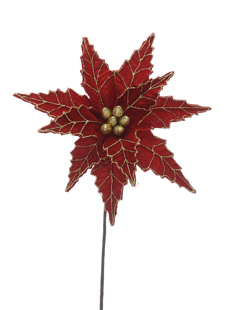 50cm Velvet Poinsettia with Glitter Stem - Red