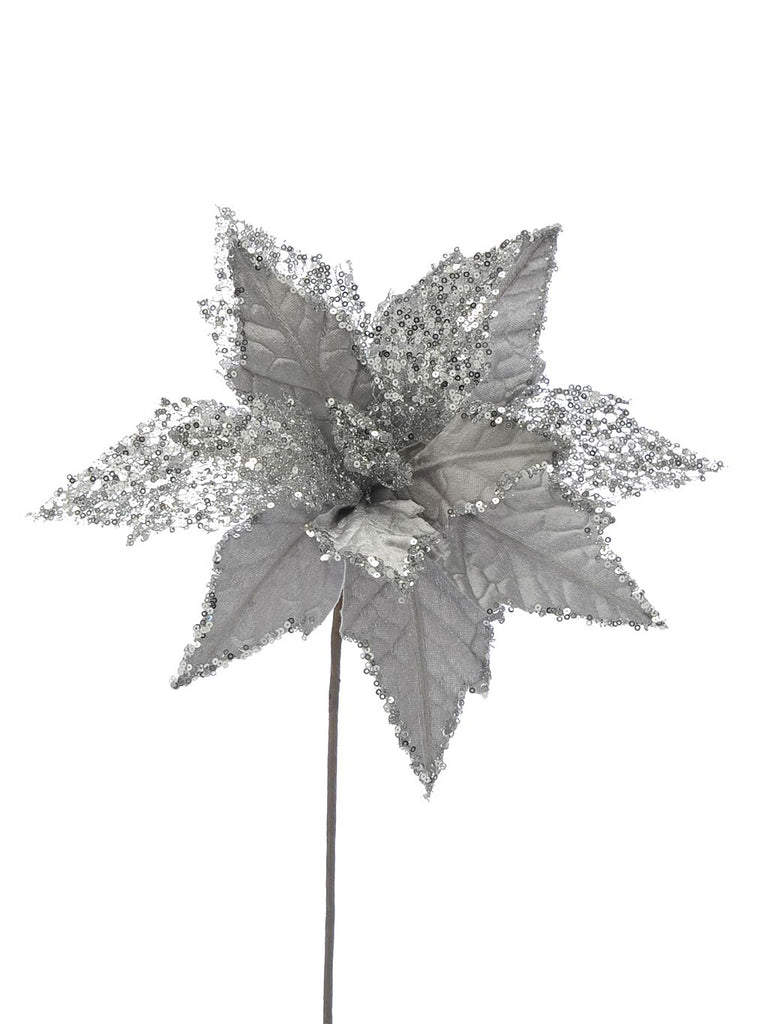 45cm Velvet Poinsettia Glitter Stem - Silver