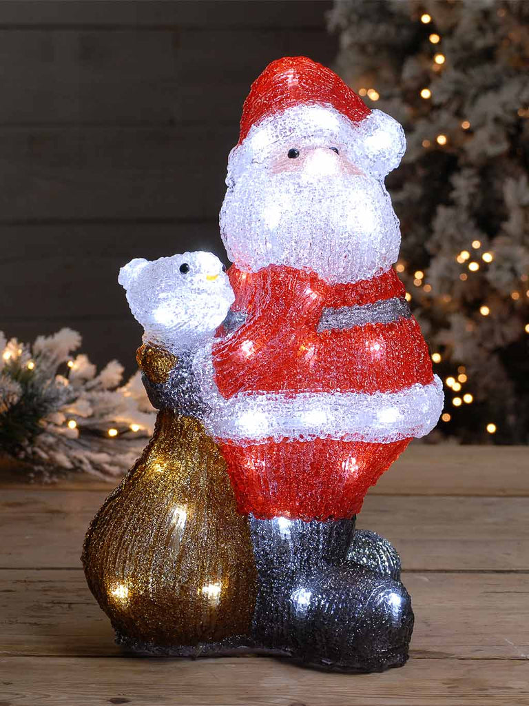 38cm Lit Acrylic Santa With Bird