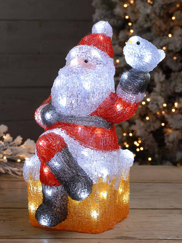 39cm Sitting Lit Acrylic Santa With Bird