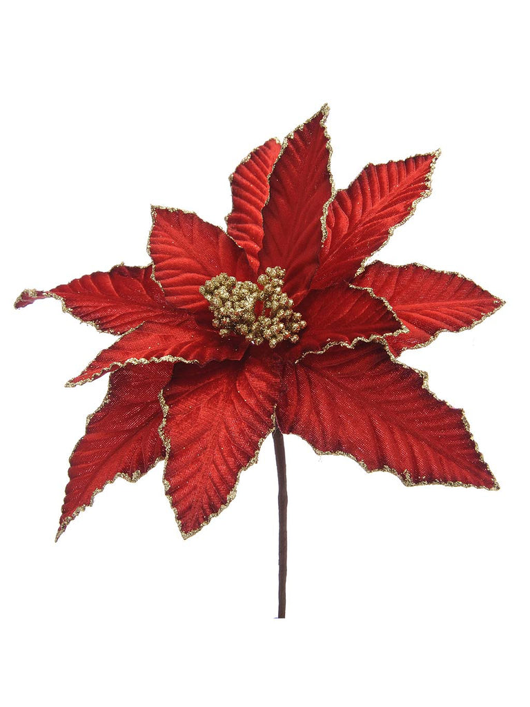 35cm Red With Gold Glitter Poinsettia Stem