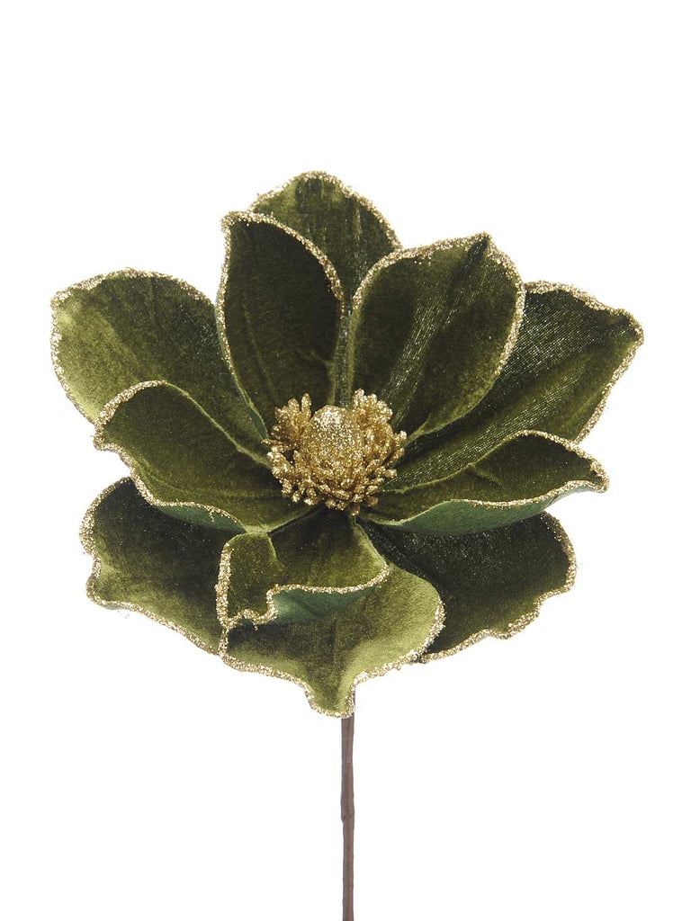 30cm Olive Green With Gold Glitter Magnolia Stem