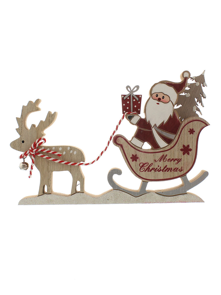 25cm Wooden Red Santa On Sleigh And Reindeer