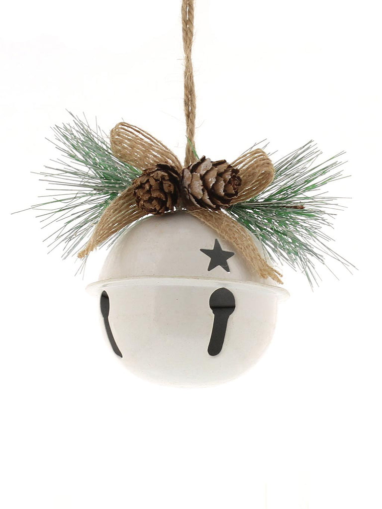 15cm Metal Bell With Pinecones And Foliage - White