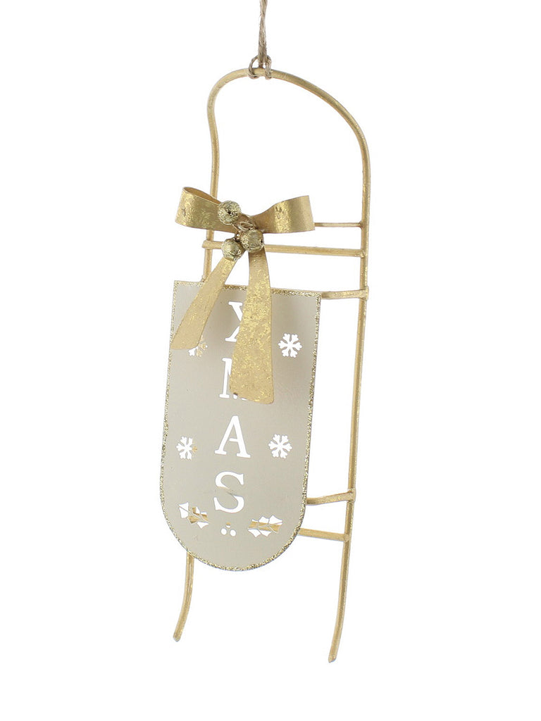 19cm Metal White Sleigh With Xmas And Gold Bow