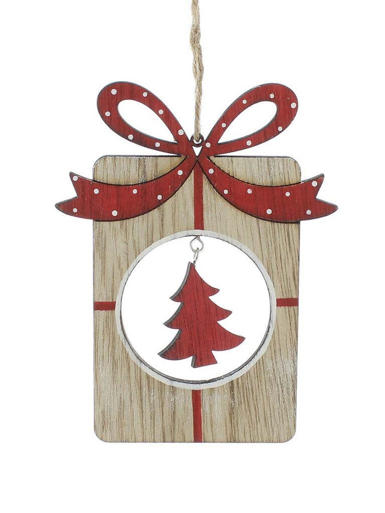 15cm Wooden Present With Tree - Red
