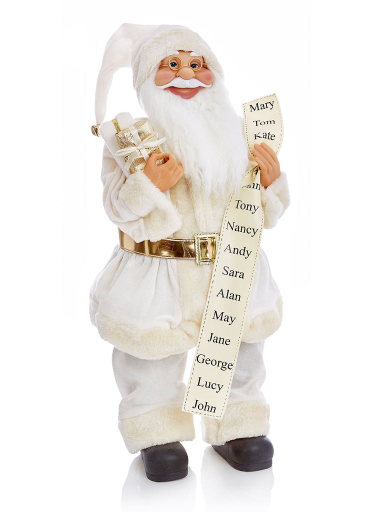 60cm Standing Santa with Glasses Holding List-Parcels Cream/Gold