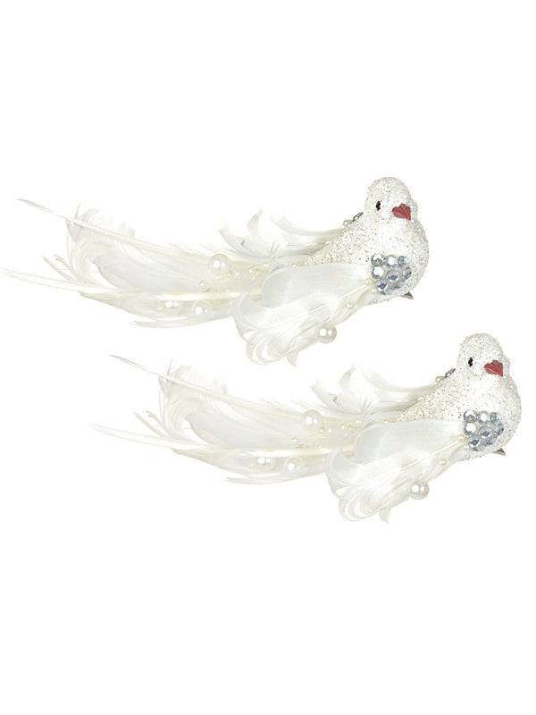 16cm 2pcs White Feather Bird with Beads Clip