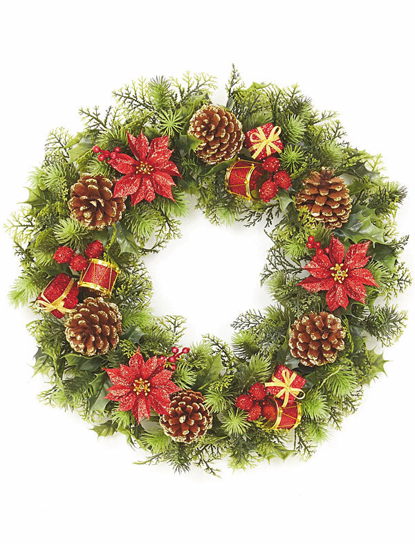 45cm Christmas Wreath With Drum Parcels - Red-Gold