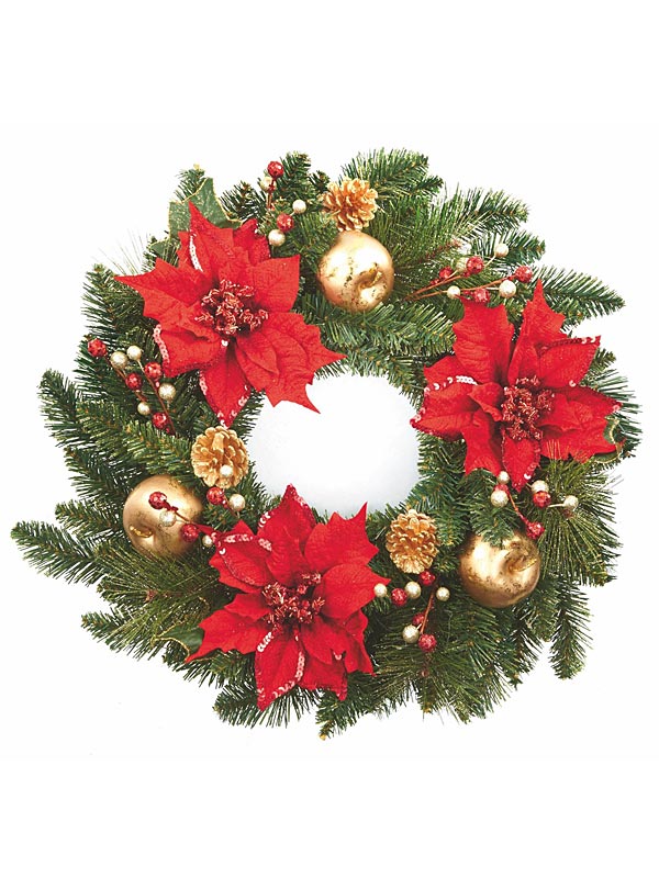 60cm Poinsettia Christmas Wreath Red Gold