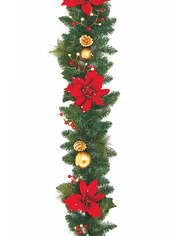 1.8M (6ft) Poinsettia Christmas Garland Red Gold