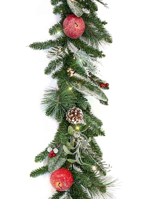180CM Pre-lit Garland frosted Apples-Berries-Cones-60 LEDS