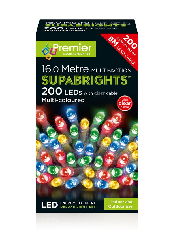 200 Multi-Action LED Christmas Supabrights - Multi-Colour with Clear Cable 