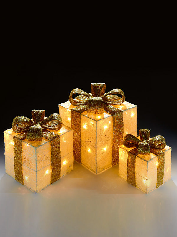 Set of 3 Pre-Lit Christmas Parcels - Cream with Gold Ribbon