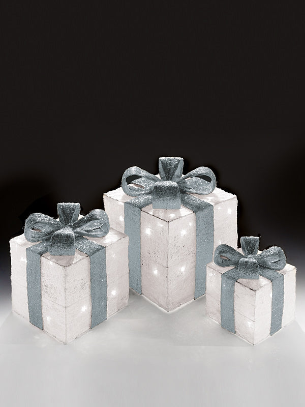 Set of 3 Pre-Lit Christmas Parcels - White with Silver Ribbon