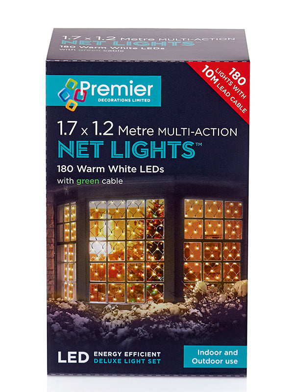  1.75 x 1.2M 180 LED Multi-Action Net Christmas Lights - Warm White 