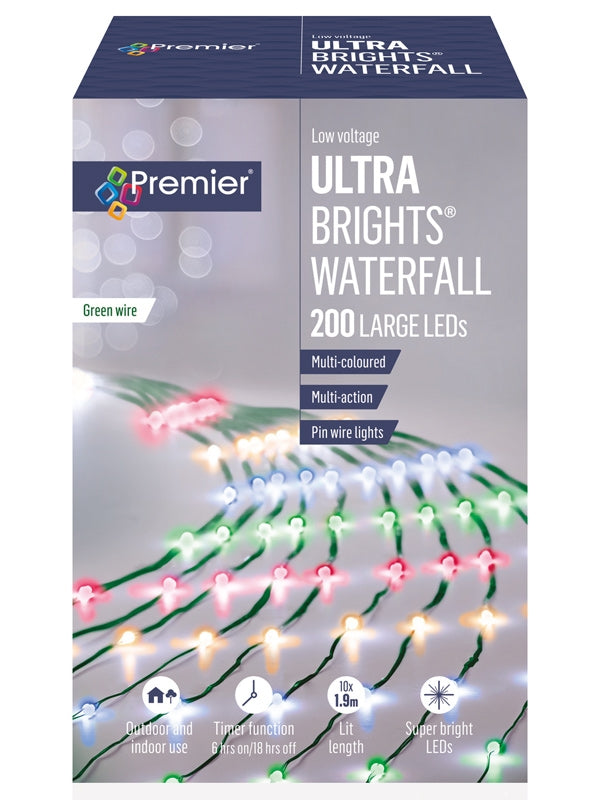 200 Multi-Action LED Ultrabrights Waterfall with Timer - Multicolour
