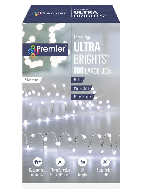 100 Multi-Action Large LED Ultrabrights with Timer - White