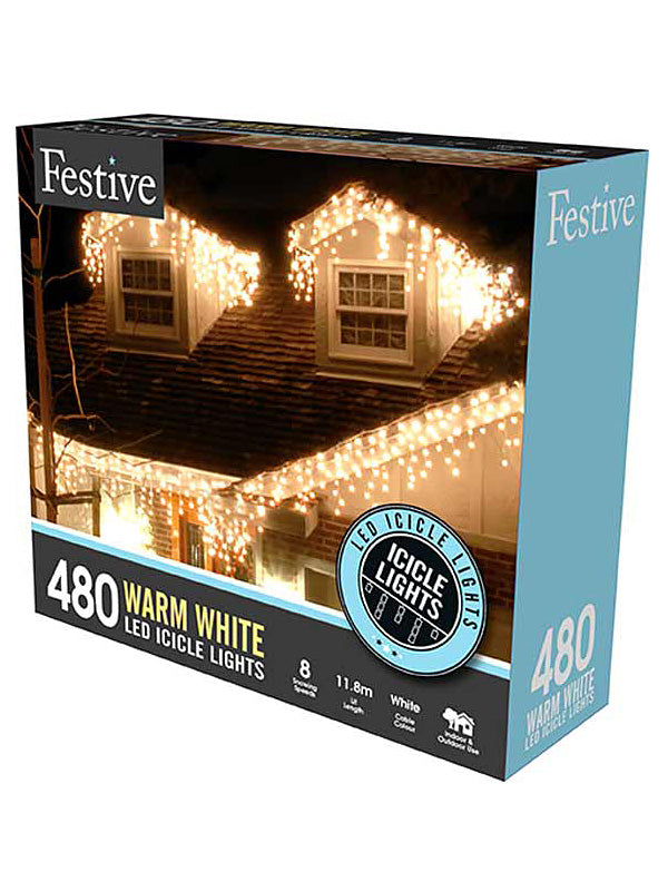480 LED Snowing Icicle Christmas Lights - Warm White 