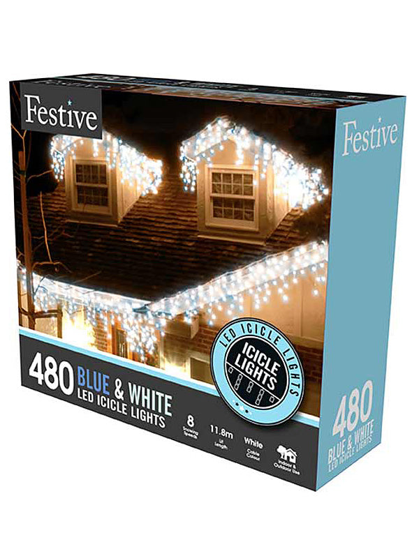 480 LED Snowing Icicle Christmas Lights - Blue & White 