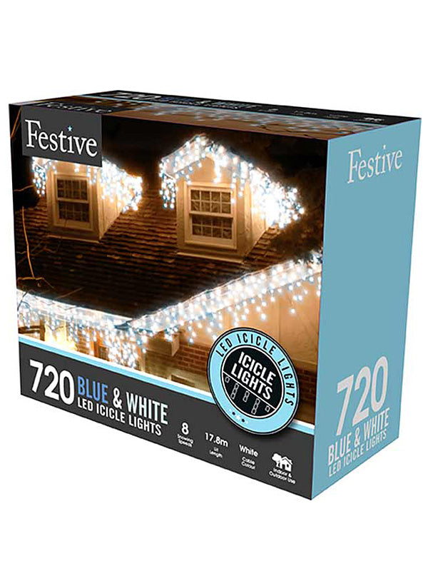 720 LED Snowing Icicle Lights - Blue & White