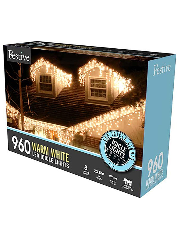 960 LED Snowing Icicle Christmas Lights - Warm White