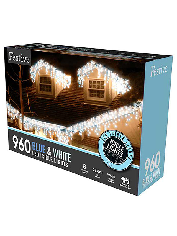 960 LED Snowing Icicle Christmas Lights - Blue & White 